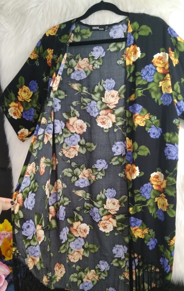 Asos Black Multi Color Floral Open Short Sleeve Fringed Robe Cover Up Size 8 - Picture 8 of 11